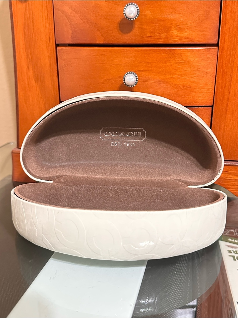 COACH Cream Embossed Sunglasses Case with Brown Interior